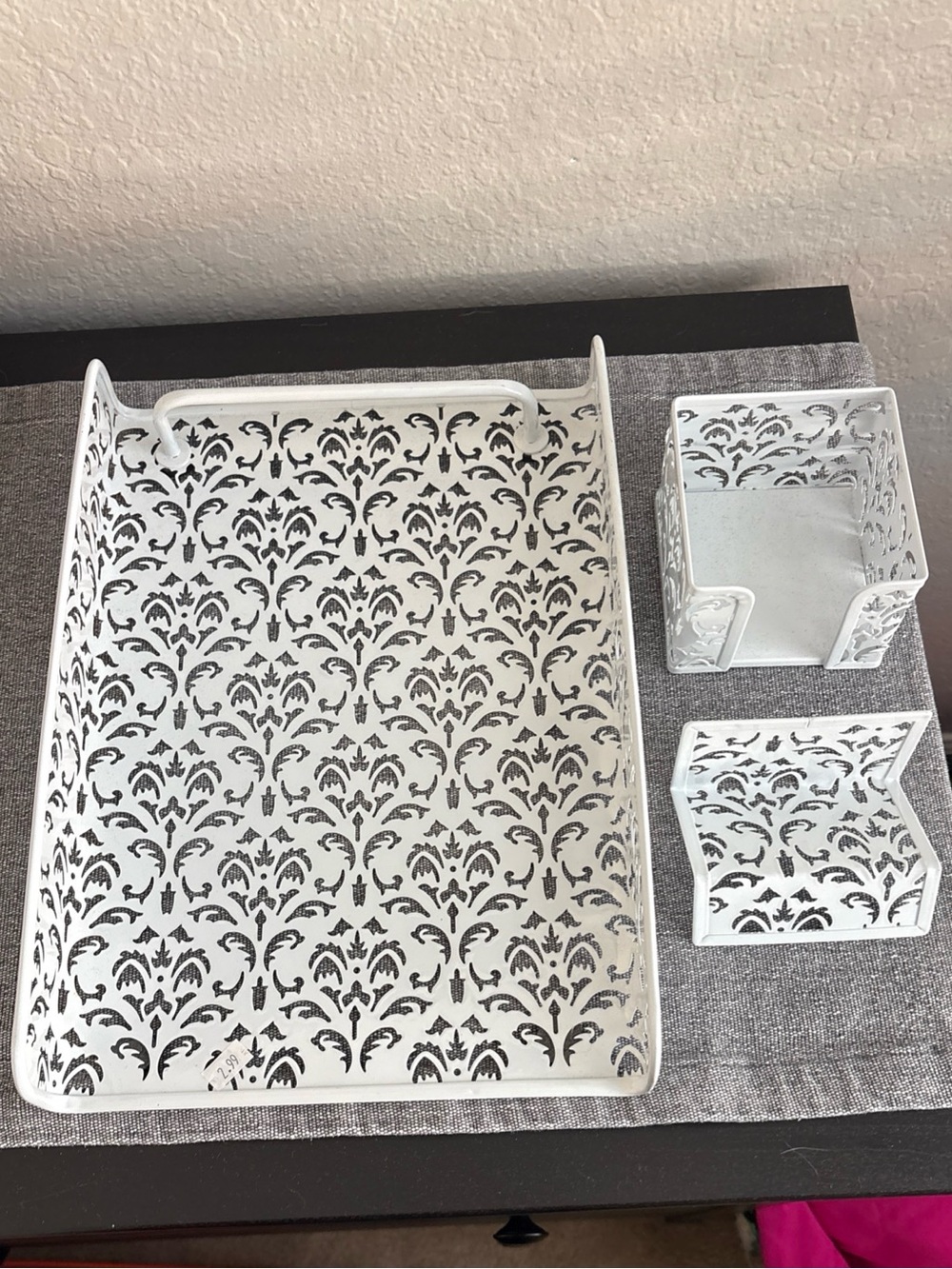 White Patterned Decorative Office Tray Set Card Holder- White
